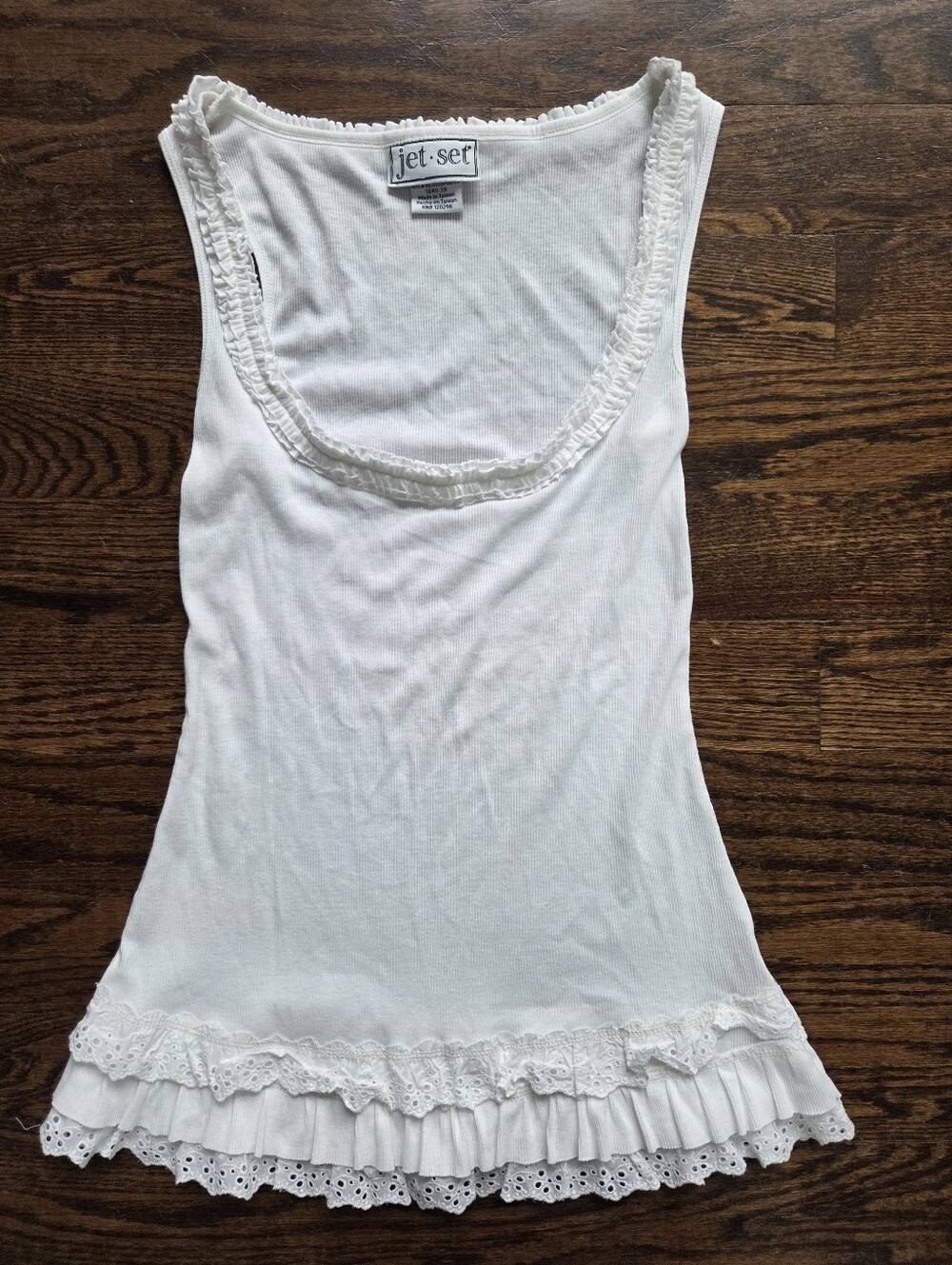 Jet Set White Lace Trim Tank Top With Eyelet Ruffled Hem